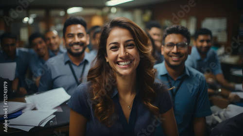 Proud confident Indian female - office - business - with peers - smiling  and happy - team leader  photo