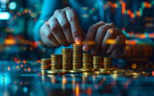Investment and finance concept, businessman holding virtual trading graph and blurred coins on hand, stock market, profits and business growth.