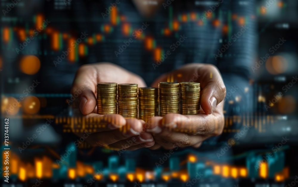Obraz premium Investment and finance concept, businessman holding virtual trading graph and blurred coins on hand, stock market, profits and business growth.