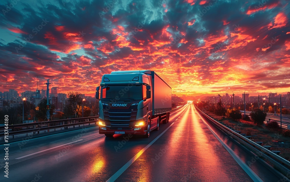 Delivery truck run on the road with sunrise cityscape,fast delivery, cargo logistic and freight shipping concept.