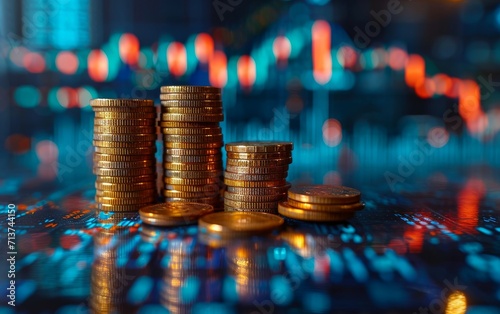 Double exposure of coins stack with graph chart and night cityscape. Economic, business, financial and stock market growth concept.