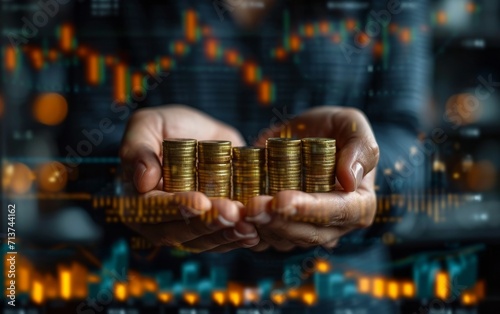 Investment and finance concept, businessman holding virtual trading graph and blurred coins on hand, stock market, profits and business growth.