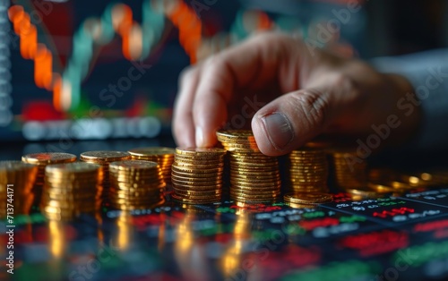 Investment and finance concept, businessman holding virtual trading graph and blurred coins on hand, stock market, profits and business growth. photo