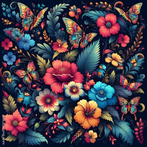 A vibrant and colorful floral pattern set against a dark background with flowers  leaves  and butterflies