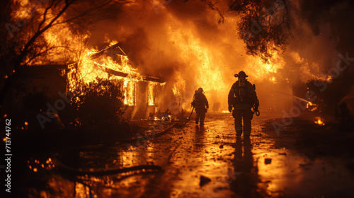 Firefighters Advancing Towards a Massive House Fire.
