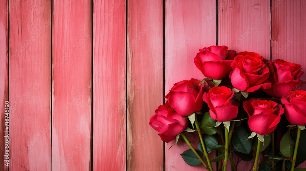 Romantic flower arrangement against a pastel pink background, A romantic rose on pink background, love theme, Red roses flower on red background. Copy space. Flower frame. Top view, Generative Ai