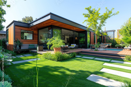 a modern container house with grass lawn and garden © Kien