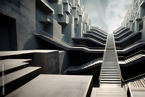 endless stairs, grotesque, alone, different in kind, as if it were not the earth, spatially-nonsense Generative AI photo