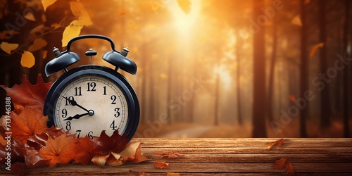 Daylight Saving Time, Fall Back one hour. Black clock on wood, autumn trees background photo