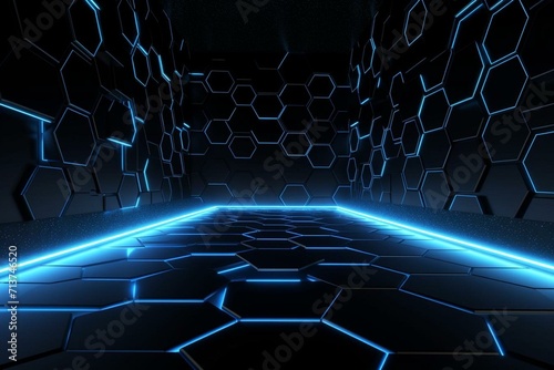 Clean-tech backdrop featuring elevated hexagon and blue lit outline. Dark surface with raised 3D form. 3D generated. Generative AI