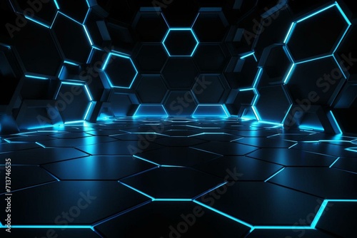 Clean-tech backdrop featuring elevated hexagon and blue lit outline. Dark surface with raised 3D form. 3D generated. Generative AI