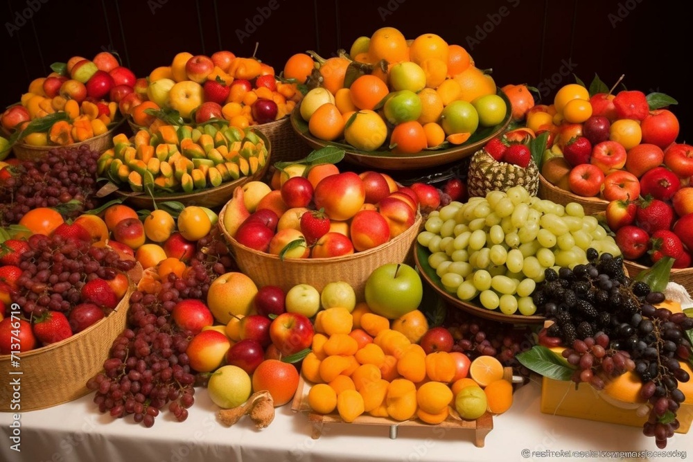 Assorted fresh fruits displayed with colorful and diverse presentation including apples, strawberries, oranges... Generative AI