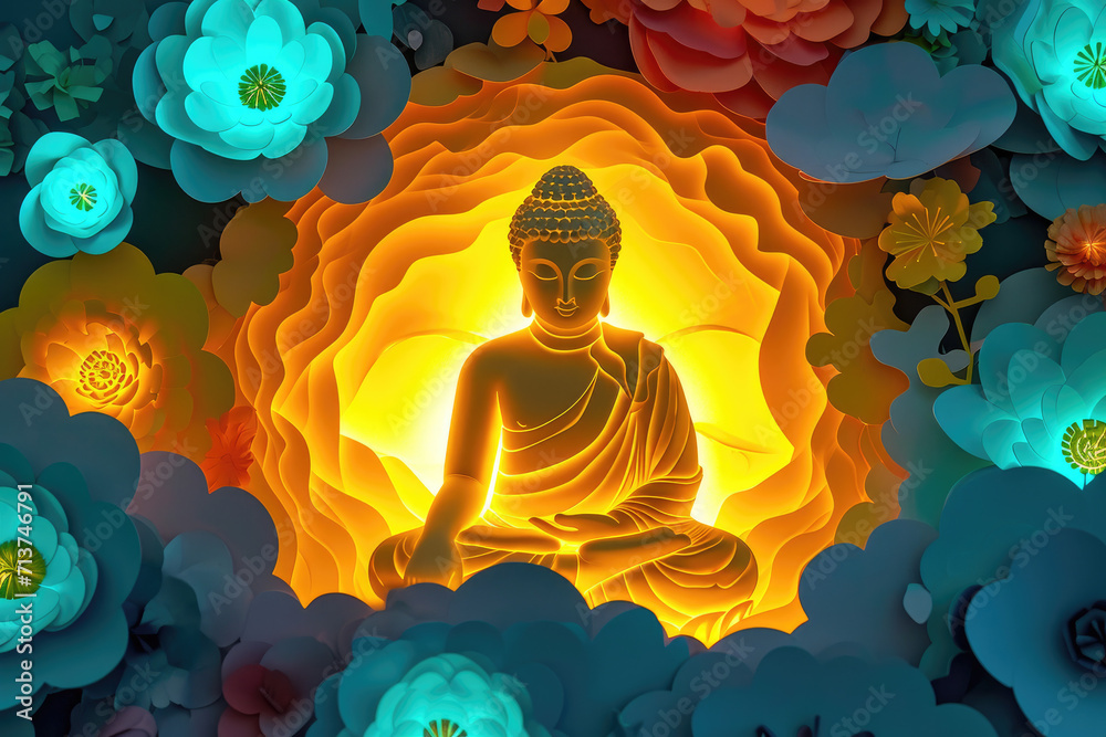 glowing golden Buddha with colorful paper cut clouds, nature background