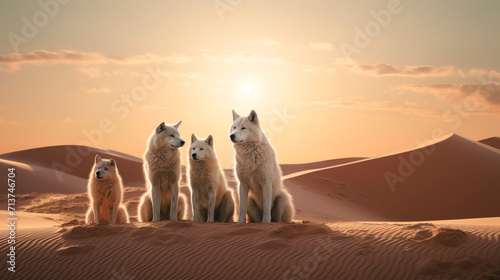 A pack of majestic white wolves gaze into the distance on a serene desert dune under the warm light of the setting sun and gentle sky. Environmental Conservation. The planet's global warming problems