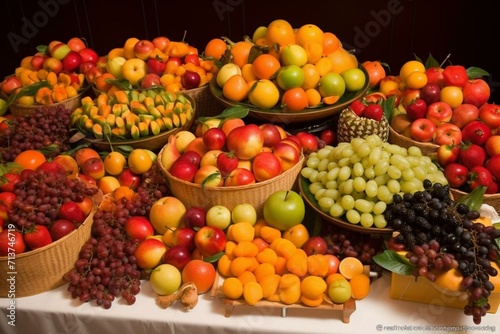 Assorted fresh fruits displayed with colorful and diverse presentation including apples, strawberries, oranges... Generative AI