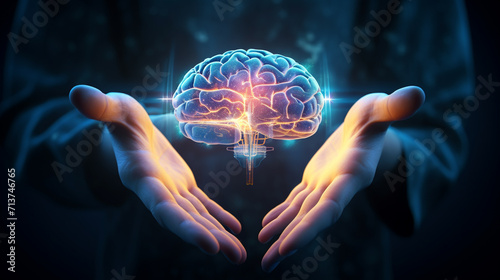 Brain Hologram Projection light ideas on hands new thinking futuristic