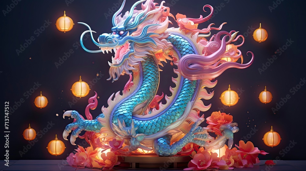 Obraz premium Lunar New Year. Dragon year decoration background, made of colorful transparent resin. sparkling decorated with flowers and sparkles of light that shine in the dark of night. Blue Dragon.