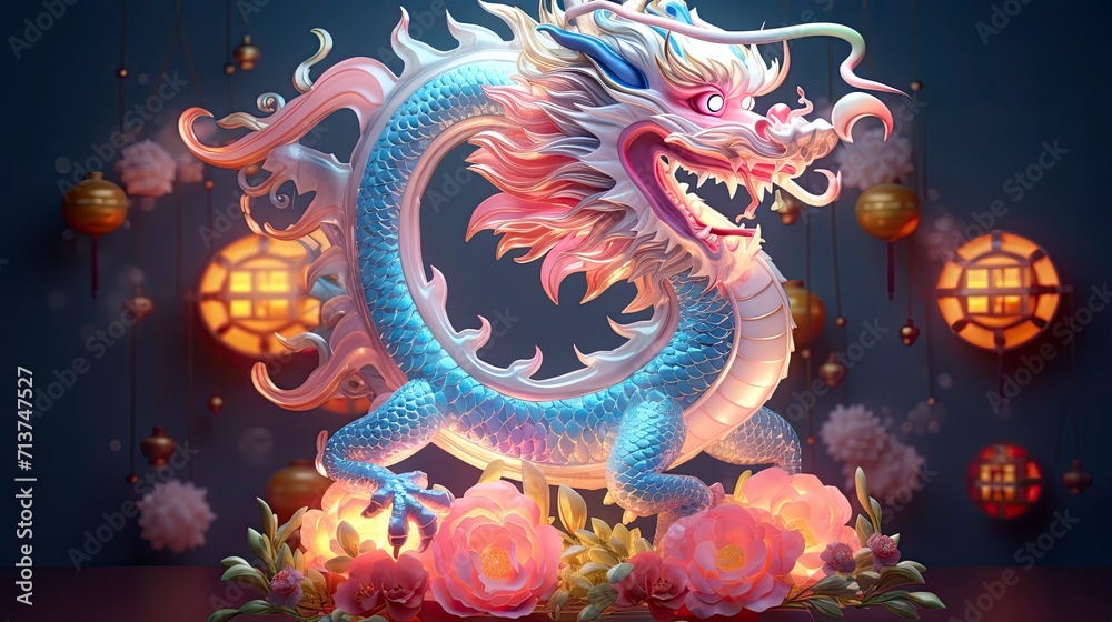 Obraz premium Lunar New Year. Dragon year decoration background, made of colorful transparent resin. sparkling decorated with flowers and sparkles of light that shine in the dark of night. Blue Dragon.