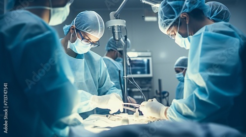 Comprehensive scene of a surgical team performing an arthroscopic procedure using specialized instruments. . photo