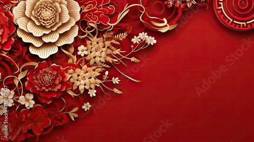 Lunar new year, year of the dragon banner template design with flower, lantern, asian elements paper cut style on color background. Luxury style. 