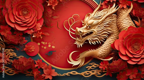 Lunar new year  year of the dragon banner template design with flower  lantern  asian elements gold paper cut style on color background. Luxury style. 