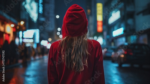 Back view of a young woman in a red leather jacket on the background of night city street with lights. Generative AI