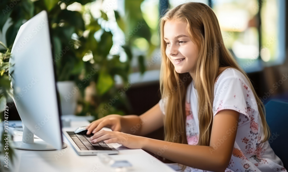 Radiant teen girl using a computer in a library setting Radiant teen girl using a computer in a library setting