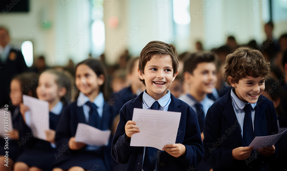 A confident young schoolboy smiling during an assembly with peers in background