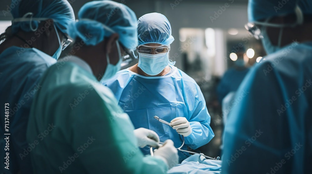 Expansive view of a surgical team during a procedure, with a focus on their use of specialized instruments. Expansive view of a surgical team during a procedure, with a focus on their use of specialized instruments.