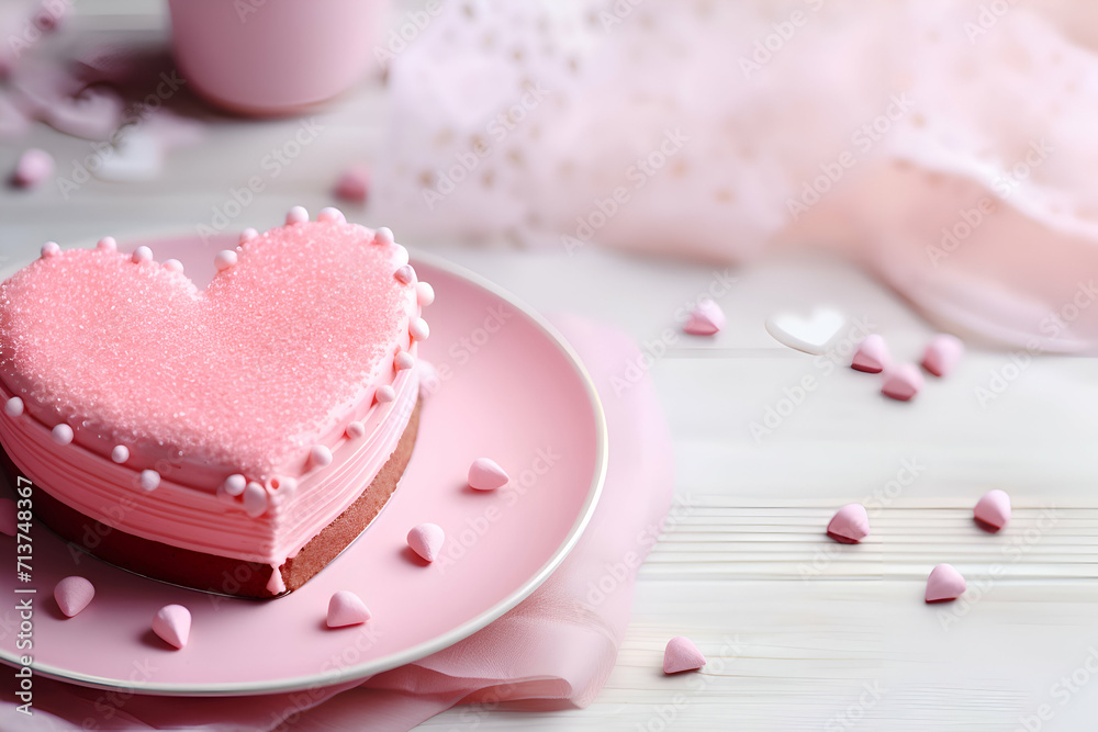 Pink heart shaped cake for Valentine's Day on a light background Pink heart shaped cake for Valentine's Day on a light background