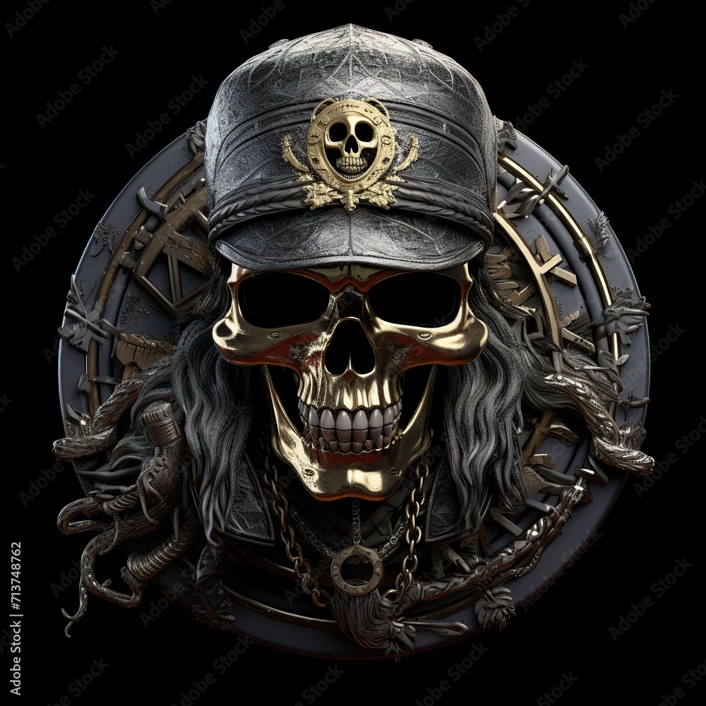 Metal pirates skull head symbol, great for 3D breastpin Models. generative AI - obrazy, fototapety, plakaty 