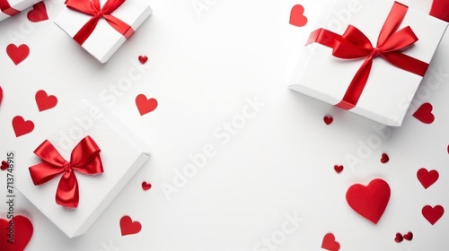 Valentine's day background. White gift boxes with red ribbons and hearts on white background © Voilla