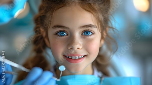 Young girl at the dentist's office showing off braces. cheerful child with blue eyes during dental checkup. AI photo