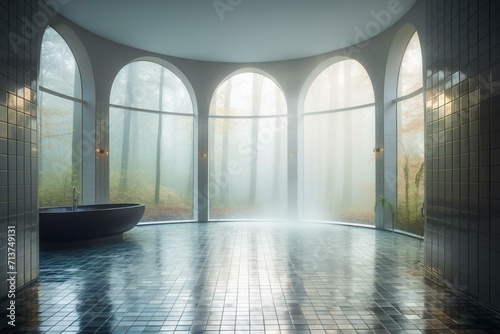 Misty woodland with tiled floor and elegant curved walls. Generative AI