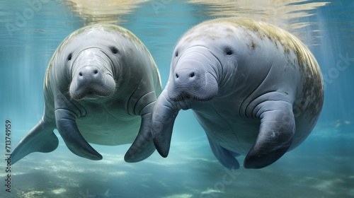 two gentle manatees floating gracefully in calm waters, their serene presence highlighted against the backdrop of a tranquil and spotless white background.