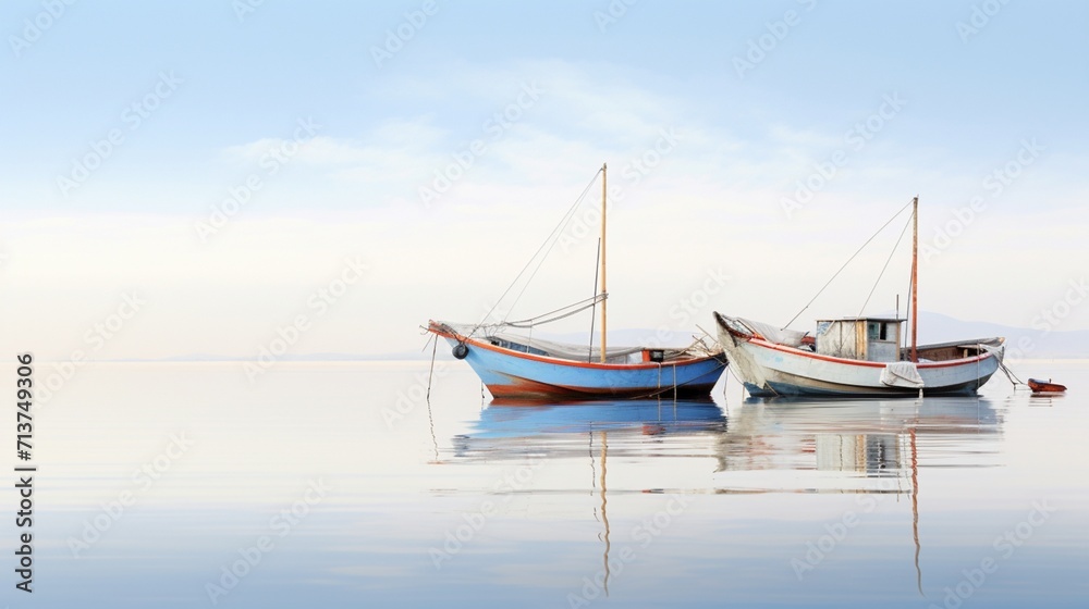 two traditional fishing boats, side by side on calm waters, their reflections mirrored against a pristine white background, capturing the essence of maritime tranquility.