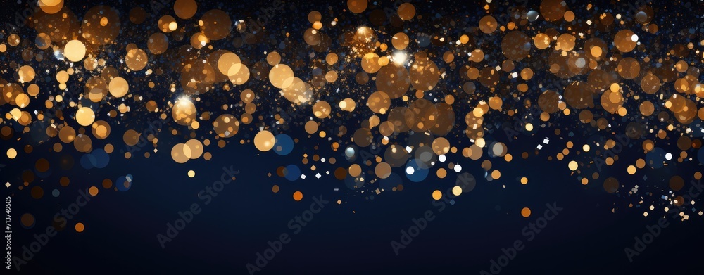 golden sparkles on dark blue background banner.