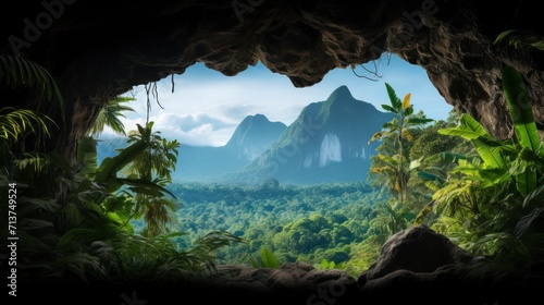 Panoramic view of the tropical jungle from the cave photo