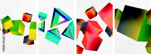 Flying 3d shapes, cubes and other geometric elements background design for wallpaper, business card, cover, poster, banner, brochure, header, website