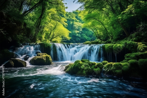 the waterfall in the forest is very beautiful and beautifu