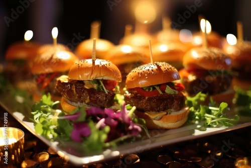 A plate of sliders with various toppings.