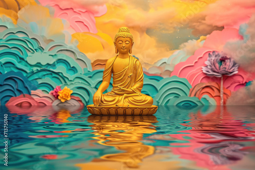 glowing golden Buddha with colorful paper cut clouds  nature background