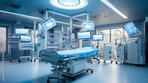 Operating room with a focus on the integrated audiovisual communication systems.