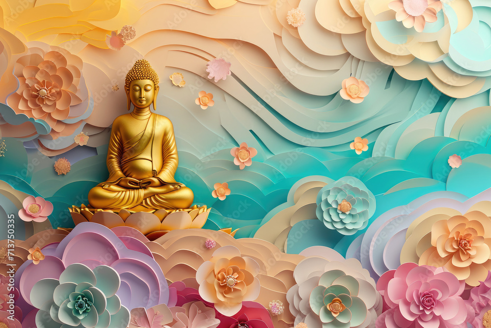 glowing golden Buddha with colorful paper cut clouds, nature background
