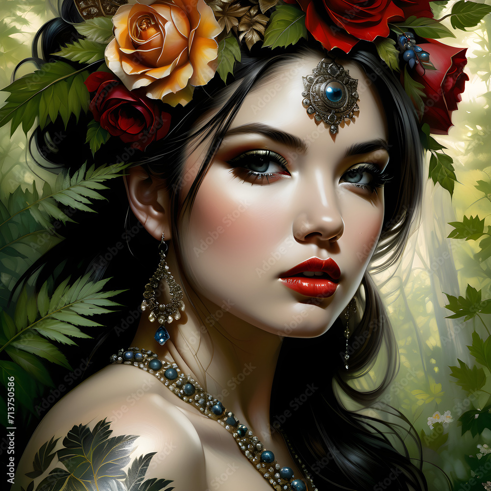 The forest flowers' shimmering woman is an incredibly enchanting sight to behold. As she gracefully glides through the woods, her presence seems to illuminate the surroundings. Adorned with delicate w