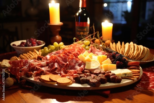 A platter of antipasto with cured meats and cheeses.