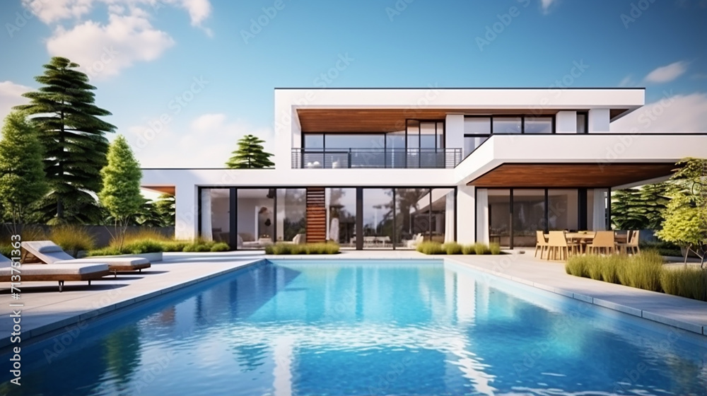 beautiful perspective of luxury modern house with swimming pool