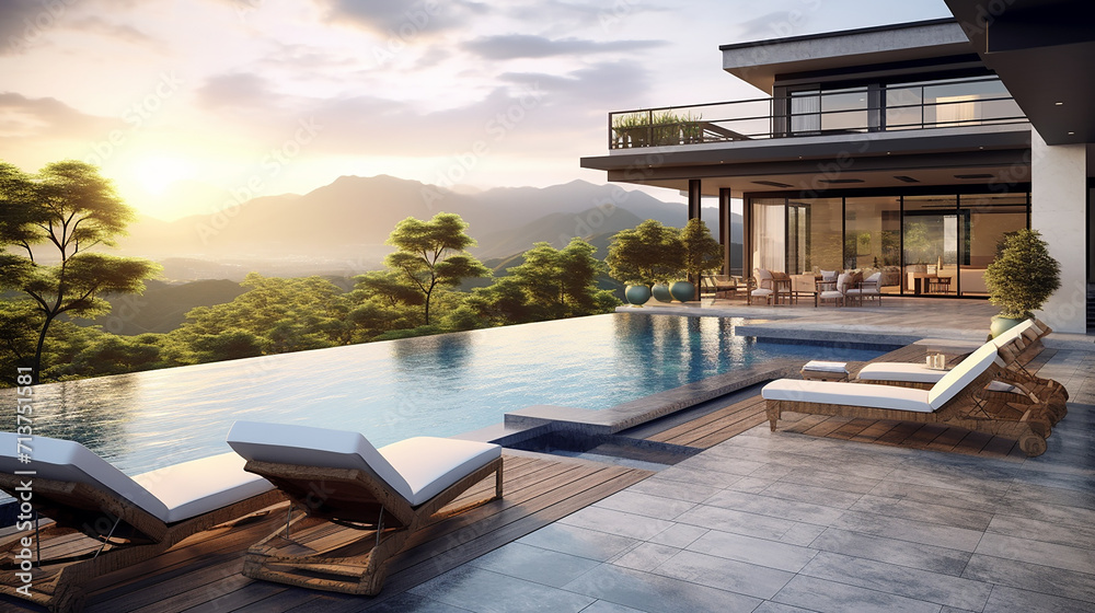 Fototapeta premium perspective of modern building with terrace and swimming pool at sunset