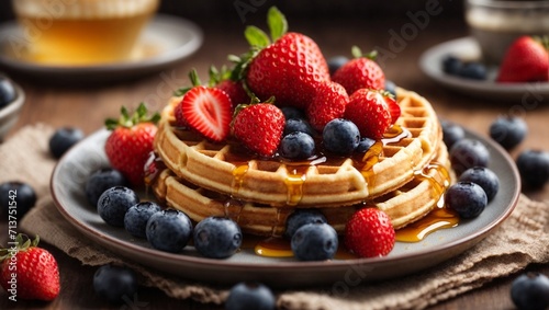 Waffles con mucha miel  fresas y ar  ndanos.