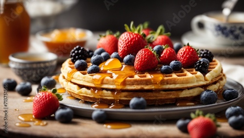 Deliciosos waffles con miel, fresas y arándanos photo